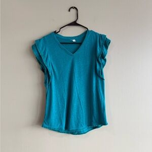 Cato Teal Linen Blend Ruffled Cap Sleeve V-Neck T-Shirt